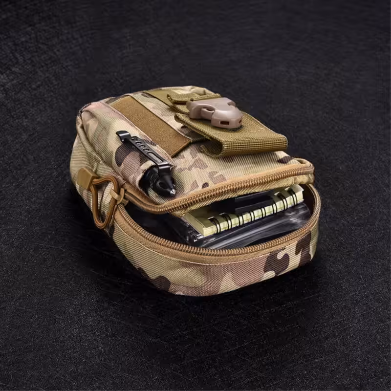 a camouflage bag with a small object